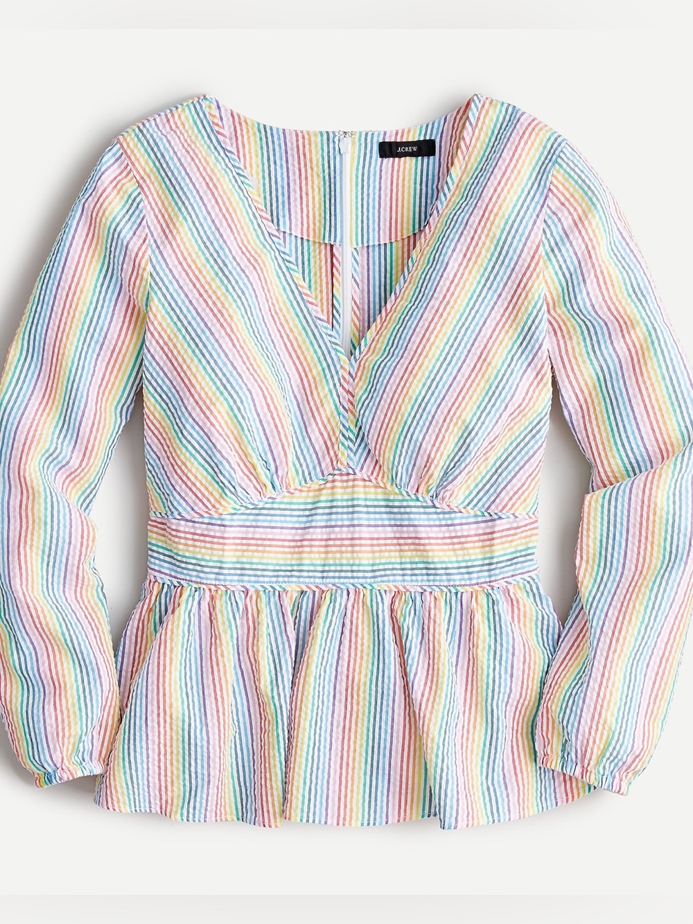 J. Crew Rainbow Seersucker Peplum Top V Neck Long Sleeve Zip Back 6